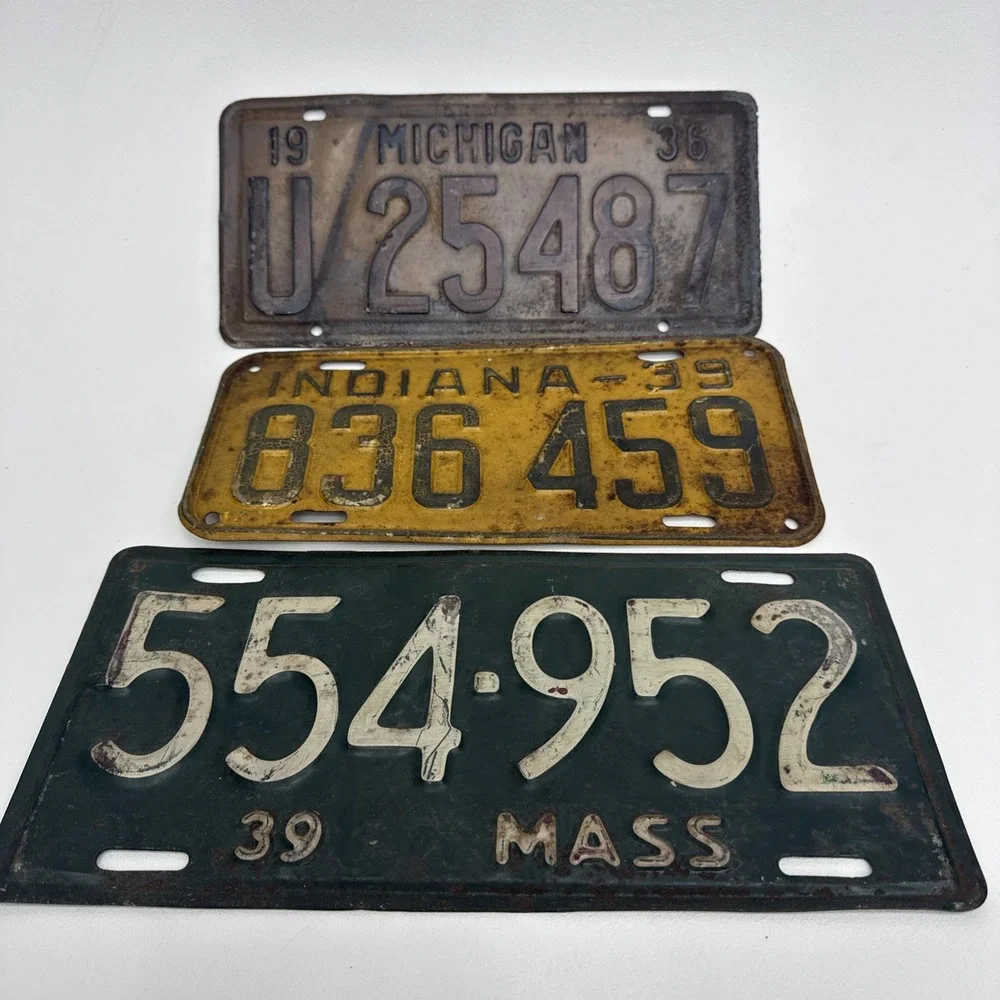Vintage 1936 Michigan, 1939 Indiana And 1939 Massachusetts License Plates
